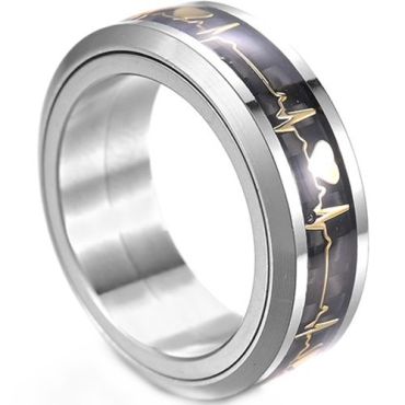 (Wholesale)Tungsten Carbide Black Gold Tone Heartbeat Ring With Carbon Fiber-9730