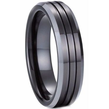 (Wholesale)Tungsten Carbide Black Silver Double Groove Ring-9736