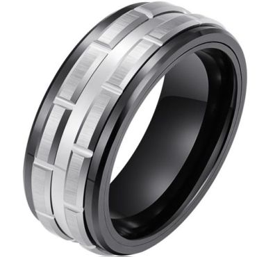 (Wholesale)Tungsten Carbide Black Silver Tire Tread Ring-9739