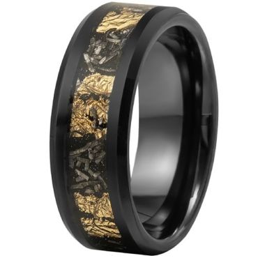 (Wholesale)Black Tungsten Carbide Meteorite & Gold Foil Beveled Edges Ring-9803