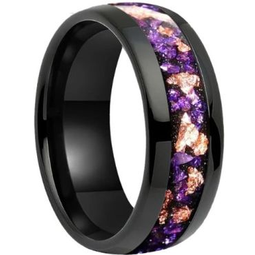 (Wholesale)Black Tungsten Carbide Purple Amethyst & Gold Foil Dome Court Ring-9838