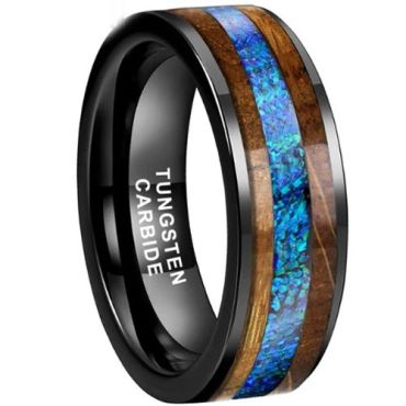(Wholesale)Black Tungsten Carbide Koa Wood & Crushed Opal-9840