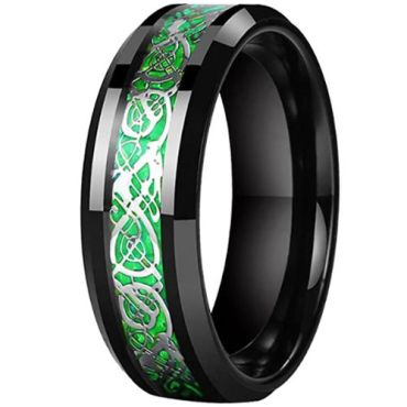 (Wholesale)Tungsten Carbide Black Silver Dragon Ring With Green Carbon Fiber-9854