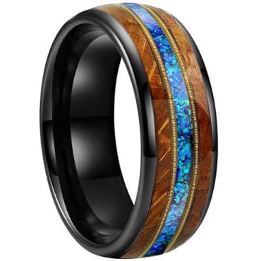 (Wholesale)Tungsten Carbide Black Gold Tone Wire Ring With Crushed Opal & Koa Wood-9865
