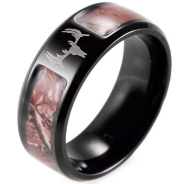 (Wholesale)Black Tungsten Carbide Camo Deer Head Ring - 2853