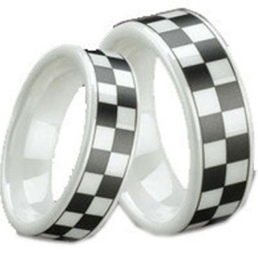 (Wholesale)White Ceramic Checkered Flag Ring - TG1296