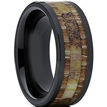 (Wholesale)Black Tungsten Carbide Deer Antler Wood Ring-1426AA