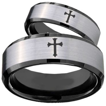 (Wholesale)Tungsten Carbide Beveled Edges Cross Ring - TG1620