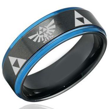 (Wholesale)Tungsten Carbide Black Blue Legend of Zelda Ring-1625