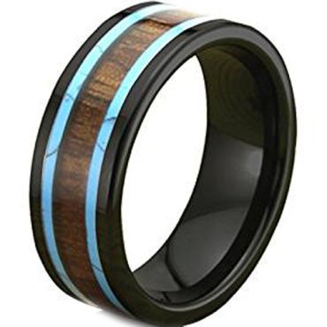 (Wholesale)Tungsten Carbide Imitate Turquoise & Wood Ring-TG1823AA