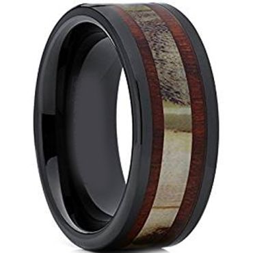 (Wholesale)Black Tungsten Carbide Deer Antler Wood Ring-TG2034