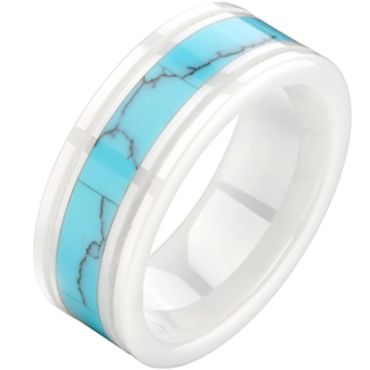 (Wholesale)White Ceramic Ring With Imitate Turquoise - TG2485