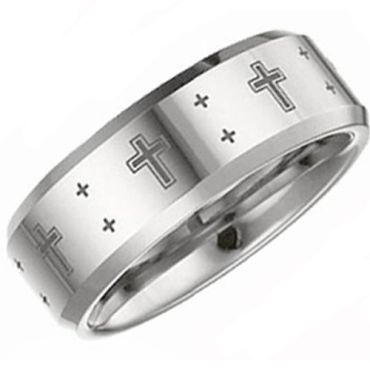 (Wholesale)Tungsten Carbide Cross Beveled Edges Ring - TG2997A