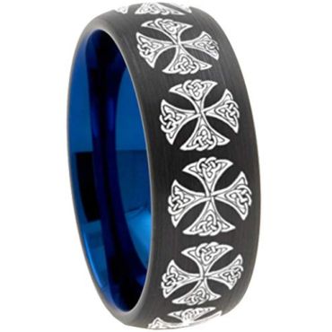 (Wholesale)Tungsten Carbide Black Blue Dome Cross Ring - TG3082