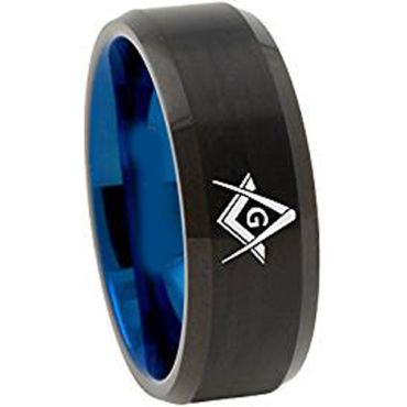 (Wholesale)Tungsten Carbide Black Blue Masonic Ring - 3618