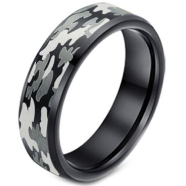 (Wholesale)Black Tungsten Carbide Camo Pattern Ring - TG3627A