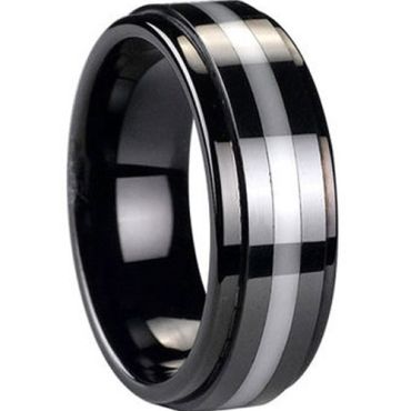(Wholesale)Black Tungsten Carbide Ring With Ceramic - TG3744