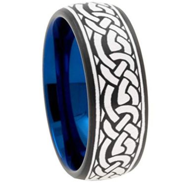 (Wholesale)Tungsten Carbide Black Blue Celtic Dome Ring - TG3756