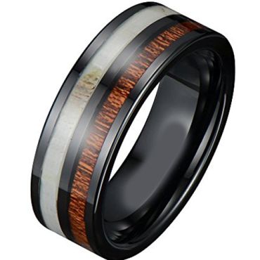 (Wholesale)Black Tungsten Carbide Deer Antler Wood Ring-3882AA