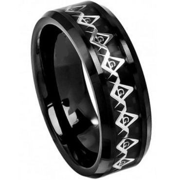 (Wholesale)Black Tungsten Carbide Masonic Inlays Ring-TG4027