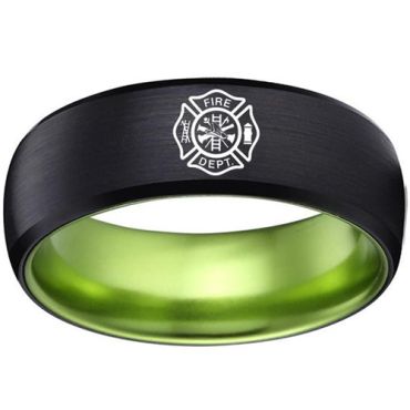 (Wholesale)Tungsten Carbide Black Green Firefighter Ring-4171