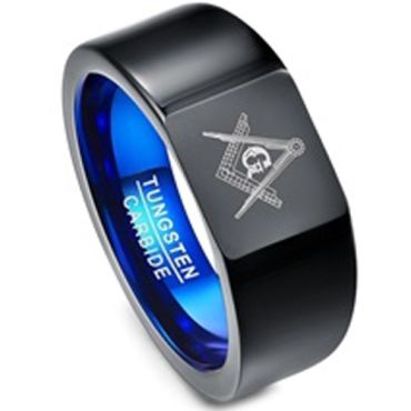 (Wholesale)Tungsten Carbide Black Blue Masonic Ring - TG4385