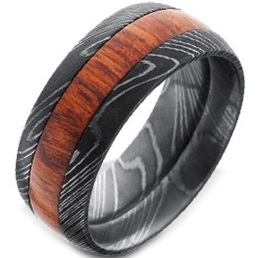 (Wholesale)Black Tungsten Carbide Damascus Ring With Wood - TG45