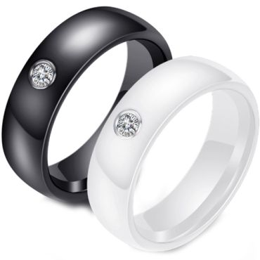 (Wholesale)Black/White Ceramic Ring With Cubic Zirconia - TG883