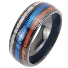 (Wholesale)Tungsten Carbide Black Blue Wire Deer Antler Wood Dome Court Ring-00434