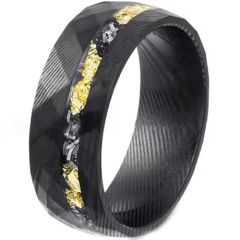 (Wholesale)Black Tungsten Carbide Damascus Ring With Meteorite & Gold Foil-00509