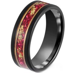 (Wholesale)Tungsten Carbide Black Gold Tone Created Red Ruby & Gold Foil Ring-00511