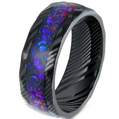 (Wholesale)Black Tungsten Carbide Damascus Ring With Crushed Opal-00514