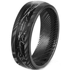 (Wholesale)Black Tungsten Carbide Damascus Ring With Meteorite-00521