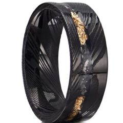 (Wholesale)Black Tungsten Carbide Damascus Ring With Meteorite & Gold Foil-00543