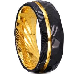 (Wholesale)Tungsten Carbide Black Gold Tone Offset Groove Damascus Ring-00544