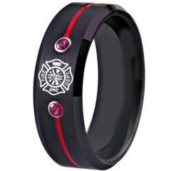 (Wholesale)Tungsten Carbide Black Red Firefighter Created Red Ruby Ring-00704