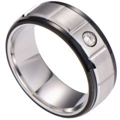 (Wholesale)Tungsten Carbide Black Silver Ring With Cubic Zirconia-00733