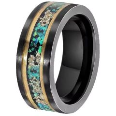 (Wholesale)Tungsten Carbide Black Gold Tone Ring With Meteorite & Crushed Opal-00763