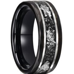 (Wholesale)Tungsten Carbide Black Silver Ring With Meteorite & Silver Foil-00786
