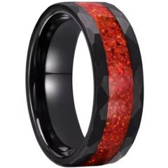 (Wholesale)Black Tungsten Carbide Faceted Ring With Meteorite-00790