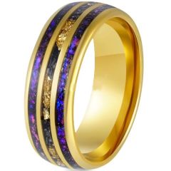 (Wholesale)Gold Tone Tungsten Carbide Meteorite Gold Foil Crushed Opal Dome Court Ring-00798