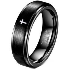 (Wholesale)Black Tungsten Carbide Ring With Cross-01089