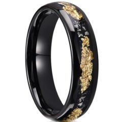 (Wholesale)Black Tungsten Carbide Dome Court Ring With Meteorite & Gold Foil-01202