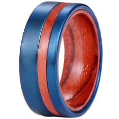 (Wholesale)Blue Tungsten Carbide Ring With Wood-01291
