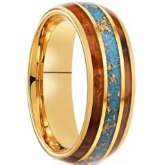 (Wholesale)Gold Tone Tungsten Carbide Gold Foil Ring With Turquoise & Wood-01438