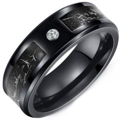 (Wholesale)Black Tungsten Carbide Meteorite Ring With Cubic Zirconia-01471
