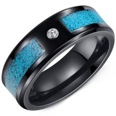 (Wholesale)Black Tungsten Carbide Turquoise Ring With Cubic Zirconia-01472