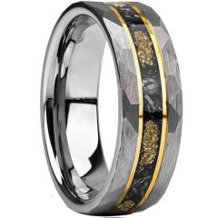 (Wholesale)Tungsten Carbide Gold Tone Silver Ring With Meteorite & Gold Foil-01542