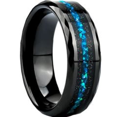 (Wholesale)Black Tungsten Carbide Faceted Ring With Meteorite & Crushed Opal-01543