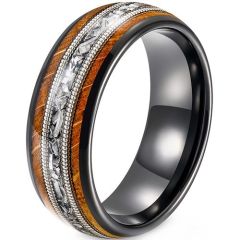 (Wholesale)Tungsten Carbide Black Silver Wire Ring With Koa Wood & Meteorite-01906